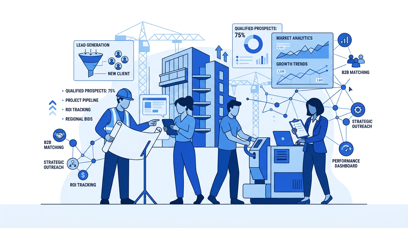 Ein diverses Team arbeitet an einem Bauprojekt, mit digitalen Elementen, die Daten und Analysen zum Geschäftsentwicklung und zur Lead-Generierung für die Bauindustrie überlagern.