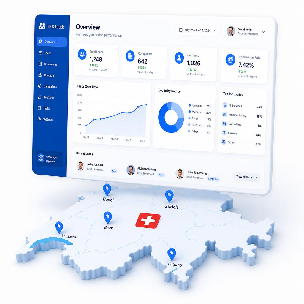 Swiss Lead Pro Dashboard mit Schweizer B2B-Leads auf der Schweizer Karte